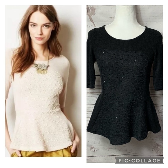 Anthro Deletta Black Boucle Sequin Peplum Sweater - Picture 1 of 8
